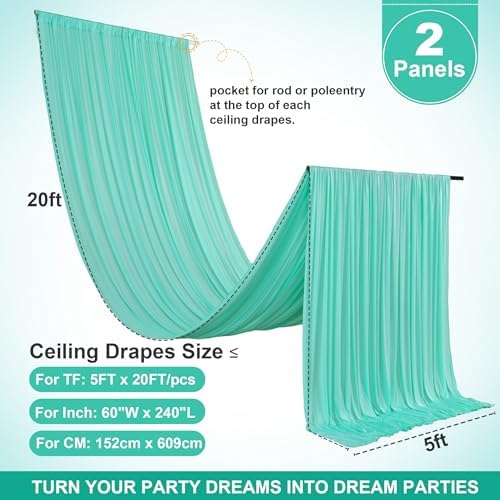 2 Panels 5ft(W) x 20ft(L) Mint Green Ceiling Drapes for Wedding Parties - Image 5