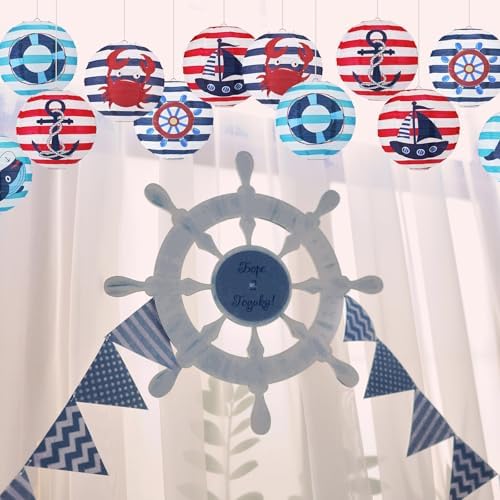 Panelee 12 Pcs Nautical Birthday Party Decorations Anchor Sailor Boat Cruise Ship Theme 8 Inches Hanging Paper Lanterns 8 Inches Round Lanterns for Holiday Navy Baby Shower Party Decor Supplies - Image 4