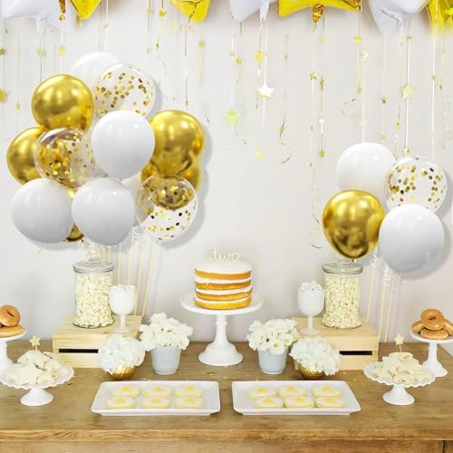 62pcs Gold White Balloons Kit - 12 Inches Gold White Confetti Party Decoration Balloons for Graduation Baby Shower Birthday Wedding Party Decorations Supplies - Image 5