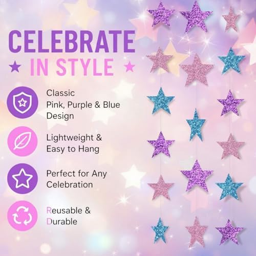 Patelai 130 ft Star Garland Banner Decor,Purple, Pink, Blue - Image 3