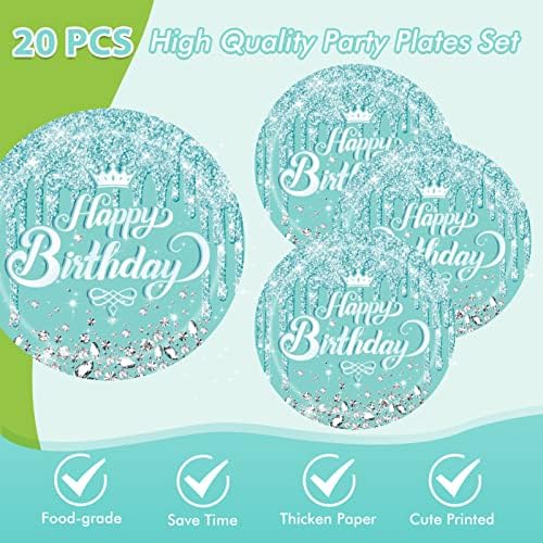 41 Pcs Teal and Silver Tableware Set for Happy Birthday Table Decorations Blue Birthday Theme Dessert Plates Napkins Tablecloth for 20 Guests Girls Women Silver Glitter Birthday Party Supplies - Image 3