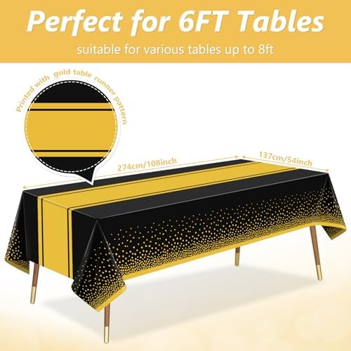 LANLISA Black and Gold Tablecloth Party Decorations 2 Pack, Disposable Table Cloths for Graduation Birthday Retirement Anniversary Party Decor - Image 3