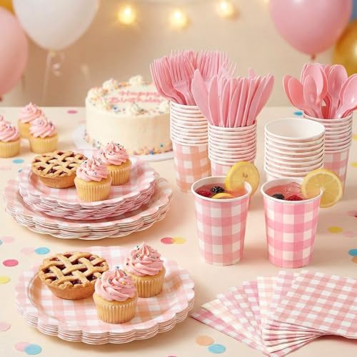 Yaomiao 168 Pcs Pink Gingham Party Supplies Princess Plates and Napkins - Image 5