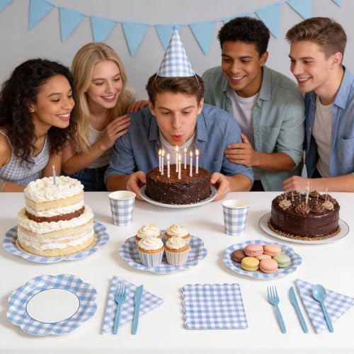 168Pcs Blue Gingham Scalloped Paper Plates and Napkins Set for 24 Guests - Image 6