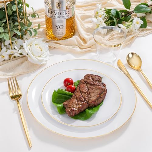 bUCLA 150PCS Gold Plastic Plates Disposable - Gold Dinnerware Set - Include 25 Each (Dinner & Dessert) Plates, 25 Knives, 25 Forks, 25 Spoons & 25 Cups for Party, Thanksgiving, Fall Harvest & Autumn - Image 4
