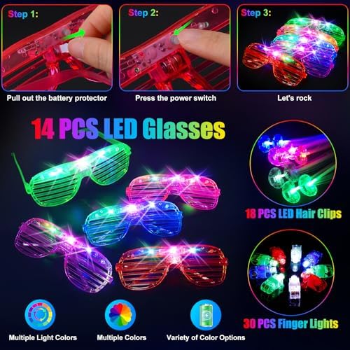 SHQDD 158 PCS Glow in the Dark Party Supplies, 14PCS LED Glasses, 30LED Finger Lights,14LED Light Hairs and 100PCS Glow Sticks Bracelets, Neon Party Favors for Wedding, Concert, 4th of july, Halloween - Image 5