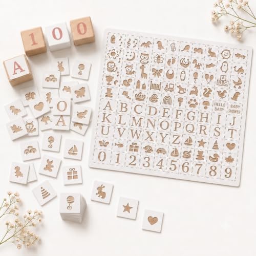 Nolia Stencil Set for Baby Shower Blocks - 100 Reusable Letter, Number & Icon Stencils for Decorating Wooden Baby Blocks, Easy Guest Activity & Keepsake Add-On by Unknown