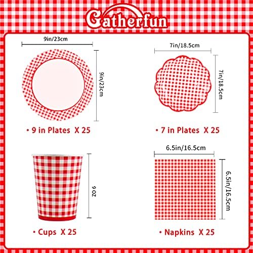 Gatherfun Gingham Red and White Party Supplies Disposable Paper Plates Napkins Cups Knives Spoons Forks Tablecloth Banner for Birthday Party Family Dinner Picnic Barbecue Mother's Day Party, Serve 25 - Image 3