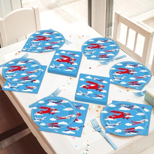Qyeahkj 50 Guests Airplane Plates and Napkins Party Supplies Plane Party Decorations Disposable Tableware Set Blue Sky Helicopter Paper Cake Dessert Dinnerware Favor for Kids Boys Baby Shower, 200PCS - Image 5