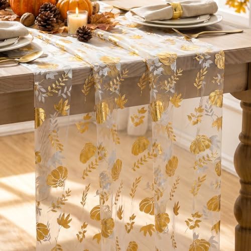 Artoid Mode Fall Gauze Table Runner 120 Inch, Metallic Foil Leaves by ArtoidMode