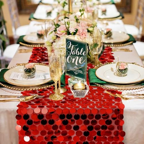 Pufogu 12 "x 108" Sequin Table Runner, Red Glitter Premium Big Sequin Table Runners, Rectangle Table Runner for Halloween, Christmas, Wedding Party, Birthday Party, Banquet Decor (1 Pack). - Image 2