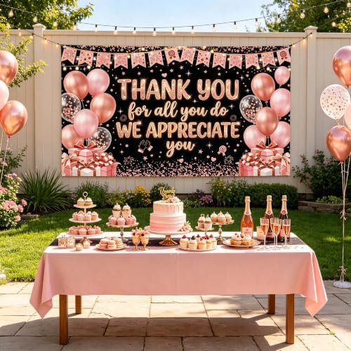 Appreciate You Banner Decorations, Pink Silver Thank You for All You Do Backdrop Banner, Reusable Anti-Tear Fabric Background with 6-Meter Hanging Rope, Office Employee Staff Teacher Appreciation Party Supplies 71x43Inch - Image 6