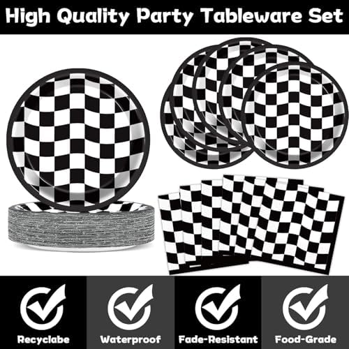200 PCS Black and White Checkered Party Plates Napkins Race Car Birthday Cake Tableware Set for Checkered Flag Disposable Dessert Plates Forks Decor Serve 50 Guests for Racing Party Favor Supplies - Image 3