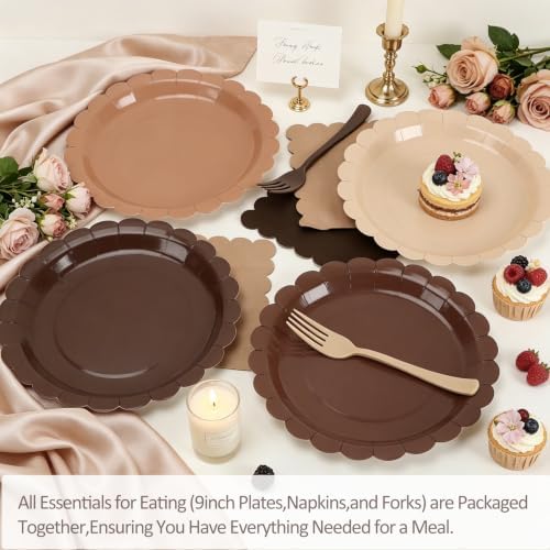 Brown Paper Plates Napkins and Forks Serves 24,9 Inch Neutral Brown Gradient Disposable Plates,Boho Earth Tone Tableware Set for Woodland Baby ShowerRustic Birthday,Wedding - Image 2
