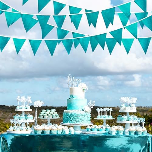 Teal Aqua Blue Triangle Pennant Banner Turquoise Metallic Fabric Flag Bunting Garland for Birthday Bridal Shower Graduation Wedding Holiday Retirement Under The Sea Mermaid Party Decorations Supplies - Image 5