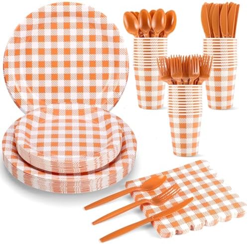 NatNarr 175 Pcs Orange Gingham Party Supplies Set For 25 Guests by NatNarr