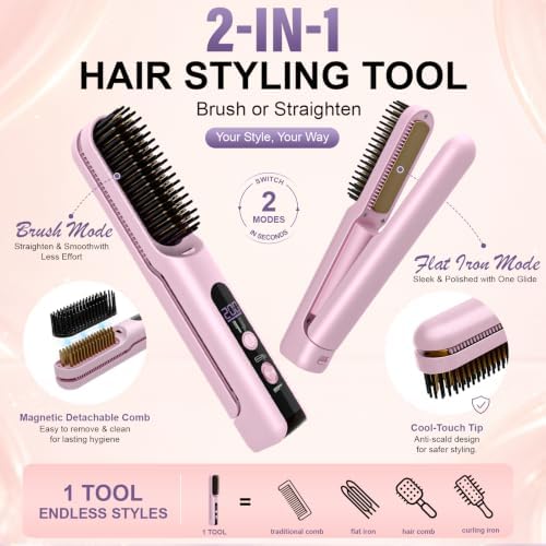Go Brush Pro 2026, Upgraded 2 in 1 Cordless Hair Straightener Brush, Pink - Image 3
