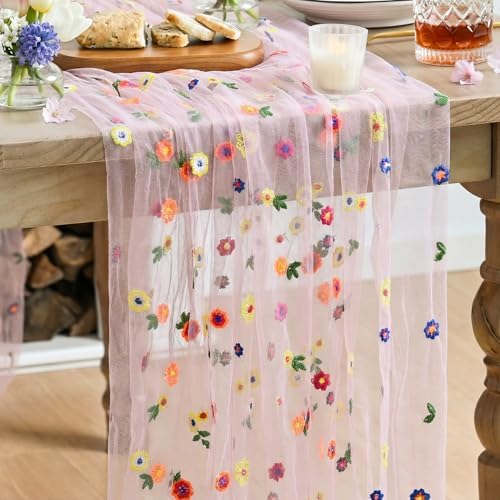 Artoid Mode Pink Embroidery Daisy Gauze Table Runner 120 Inch 10FT by ArtoidMode
