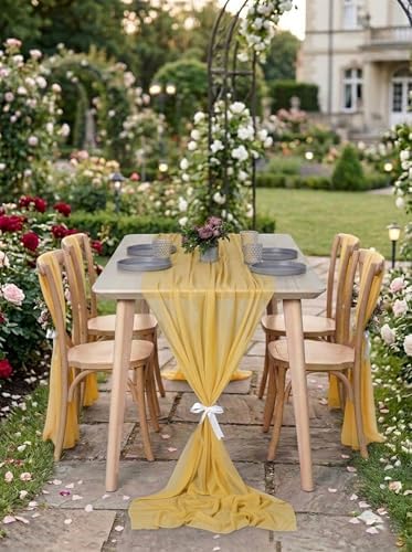 Pack of 5 Chiffon Table Runners 29 x 120 Inch, 14FT Long - Gold - Image 4
