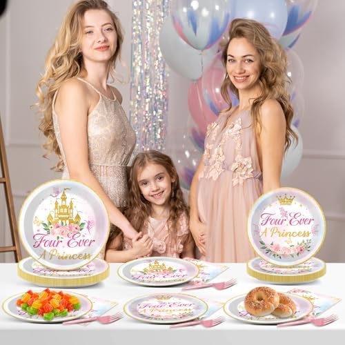 96Pcs Four Ever a Princess Plates and Napkins Girl 4th Birthday Party Decorations Royal Pastel Castle Dessert Disposable Plates Pink & Gold Tableware Set for 24 Guests Floral Fairytale Party Supplies - Image 6