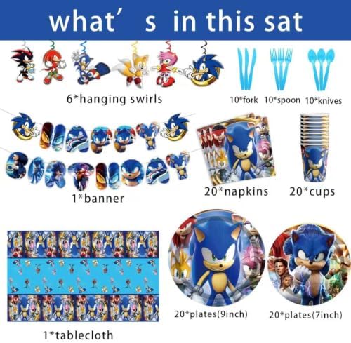 118 Pcs Sonic Birthday Party Supplies Set, anime Theme: 1Banner, 20Cups, 6Hanging Swirls, 30(Spoons+Forks+Knives), 1Tablecloth, 20Plates(9 inch), 20Plates(7 inch), 20Napkins - Image 2