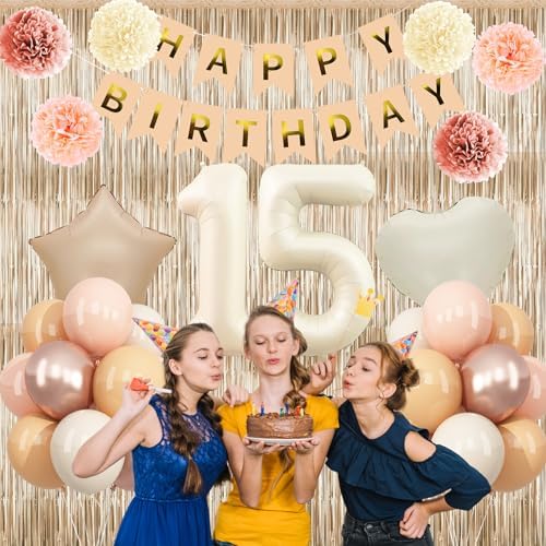 Beige Happy 15th Birthday Party Decoration Girls Cream Number 15 Balloon - Image 5