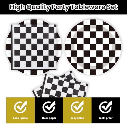 40Pcs Race Car Party Supplies Paper Plates and Napkins, 9 Inch Disposable Black White Checkered Flag Plates and Napkins for Race Car Birthday Party Decorations (Checkered) - Image 3