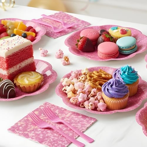 100Pcs Hot Pink Paper Plates and Napkins Party Supplies,Iridescent Disposable 9inch Plates,7inch Dessert Plates and Napkins and Forks,Holographic Tableware for Birthday Wedding Anniversaries,Serves 25 - Image 2