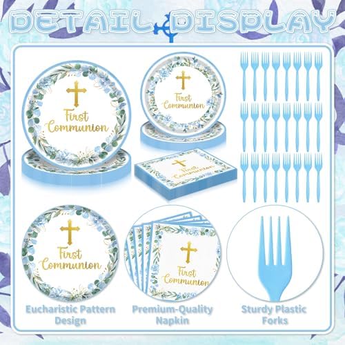 96 Pieces First Communion Floral Tableware Set – Blue Floral Cross Disposable Plates, Napkins for First Communion Party, Christening, Baptism, and Religious Celebrations – Serves 24 Guests - Image 3
