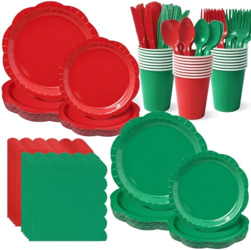Red & Green 350-Piece Decagonal Paper Plates Party Set, Serves 50 by Unknown