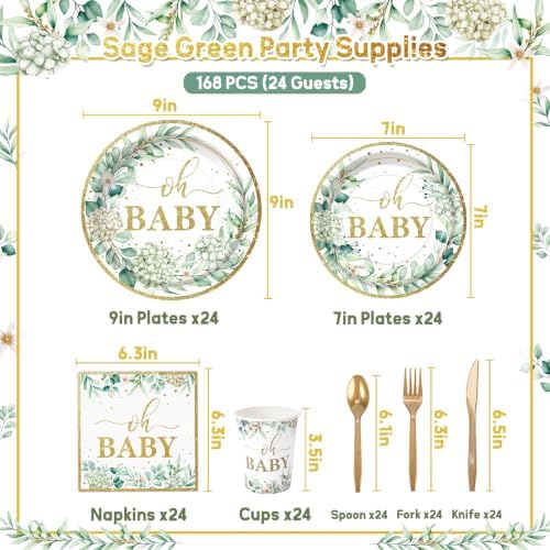 168pcs Sage Greenery Baby Shower Party Supplies, Neutral Party Decorations - Image 2