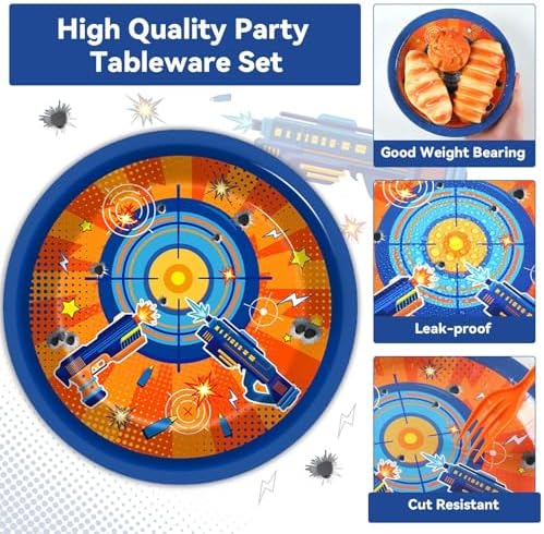 Qyeahkj 200 Pcs Dart War Birthday Party Supplies Gun Game Theme Party Tableware Set Paper Plates and Napkins Dart Battle Gunfight Game Party Decorations Gun Happy Party Favors for Boys Serves 50 - Image 3