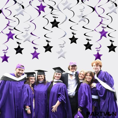Purple Black Silver Hanging Swirl Decorations - 30 Pcs Metallic Ceiling Swirls with Foil Stars, Plastic Streamers for Graduation, Halloween, Birthday, Wedding, Baby Shower Party Supplies - Image 2