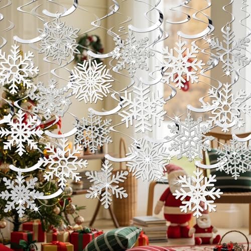 Snowflake Decorations, Christmas Hanging Decor, White Silver, 30-Pc - Image 6
