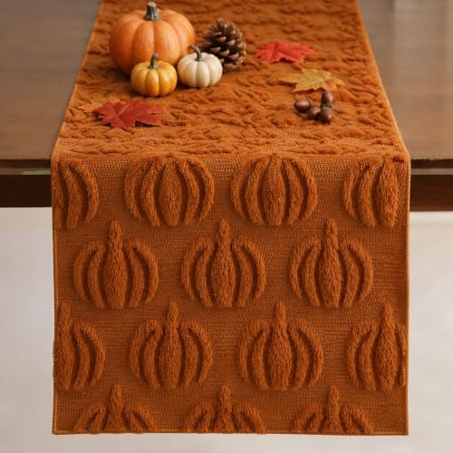 Fall Table Runner 13x72 Inch Soft Plush Faux Fur Jacquard Rust Pumpkin Table Runner, Seasonal Autumn Kitchen Dining Table Decoration for Home Party Decor ZR009B72 by Unknown