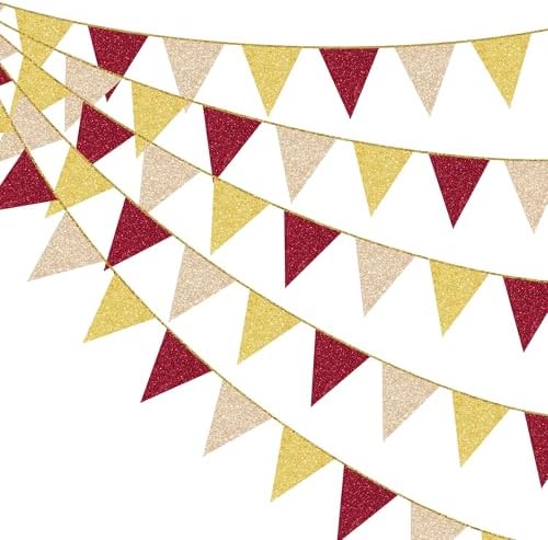 Maroon Gold Party Pennant Banner Flag Burgundy Champagne Gold Triangle Hanging Glitter Paper Bunting for Birthday Graduation Bridal Shower Wedding Shower Bachelorette Engagement Party Decorations by pinkblume