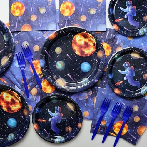 Outer Space Party Supplies for 20 Guests, Include Astronaut Planet Paper Plates, Napkins, Forks, Outer Solar System Tablecloth for Kids Birthday Party Solar System Theme Party Decorations - Image 3