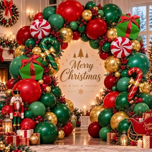 Green and Red Christmas Balloons Double Stuffed Pearl Dark Red Green Gold Balloon Garland Arch Kit Candy Cane Box Balloons for Happy Christmas Holiday New Year Birthday Party Decorations by Aurovia