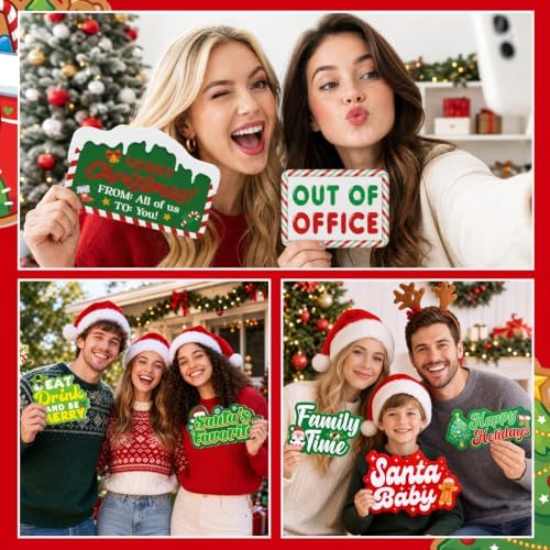 Beeveer 24 Pcs Christmas Photo Booth Props Red and Green Xmas Props Signs - Image 4
