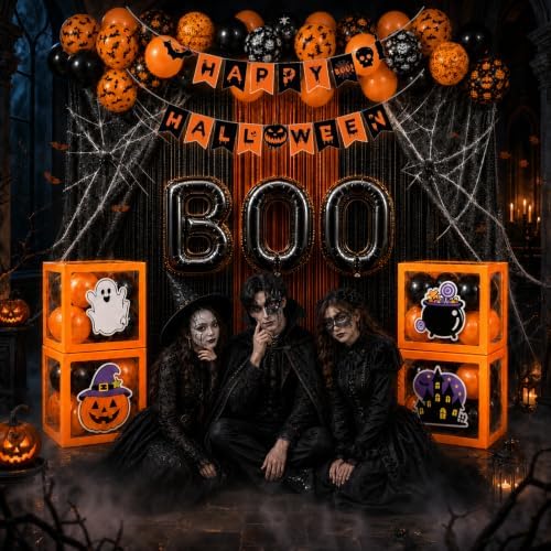 128 Pcs ​Halloween Party Decorations, Halloween Party Supplies - Balloon boxes, "HAPPY HALLOWEEN" Banner, "BOO" Banner, Multi Balloons, Bat Decor, Spider Wed - Image 6