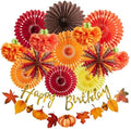 SUNBEAUTY Fall Party Decorations Orange Birthday Decorations Hanging Paper Fan Pumpkins Paper Pom poms Maple Leaves Happy Birthday Banner for Thanksgiving Autumn Harvest Classroom Office Party by SUNBEAUTY