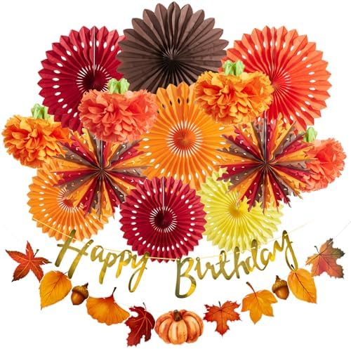 SUNBEAUTY Fall Party Decorations Orange Birthday Decorations Hanging Paper Fan Pumpkins Paper Pom poms Maple Leaves Happy Birthday Banner for Thanksgiving Autumn Harvest Classroom Office Party by SUNBEAUTY