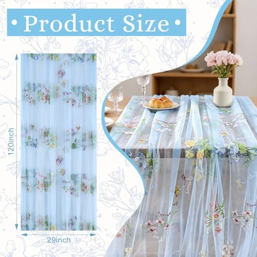 BINBE 3pcs Blue Florals Table Runner Embroidery Gauze 10FT Daisy Seasonal Tulle Birthday Wedding Holiday Kitchen Dining Table Decor for Home Party - Image 2