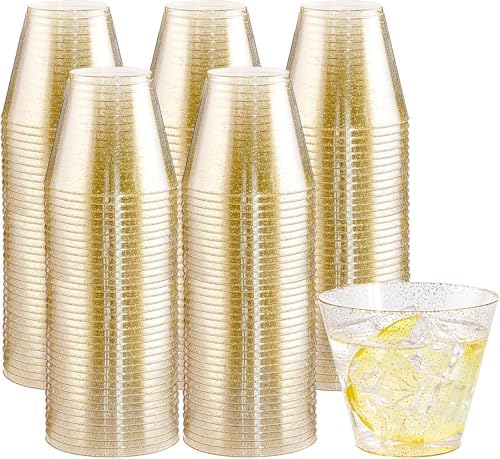 I00000 200 Pcs Gold Plastic Cups, 9 oz Disposable Gold Glitter Cups by I00000