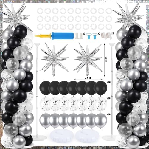 2 Sets Black Silver Balloon Column Stand Kit 3.3 X 6.6 ft Silver Photo Backdrop With Black Silver Confetti Balloons Balloon Tower Stand for Wedding Birthday Holiday Party Retirement Anniversary - Image 2
