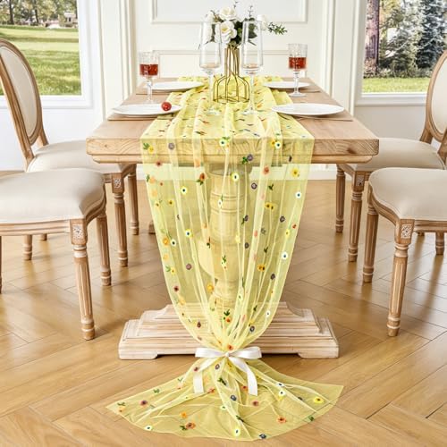 BINBE 3pcs Daisy Spring Table Runner Embroidery Gauze 10FT Florals Seasonal Tulle Holiday Birthday Kitchen Dining Table Decor for Home Party Yellow - Image 2