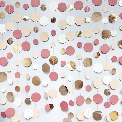 Champagne Gold Dusty Pink Decorations Circle Dots Garland Gold Pink Nude Neutral Cream White Boho Hanging Polka Dot Streamer for Bridal Shower Birthday Wedding Engagement Party Supplies - Image 3