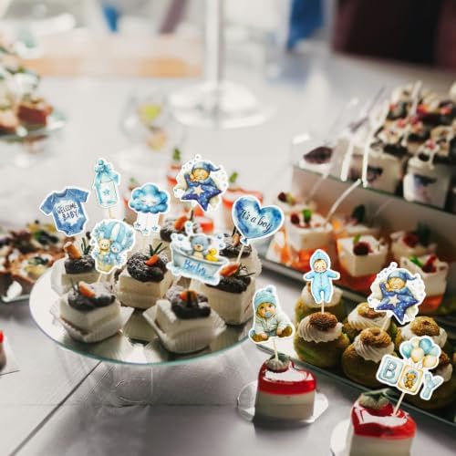 Gyufise 40Pcs Baby Boy Cupcake Toppers Baby Shower Decorations for Boys Balloon Star Moon Bear It's a Boy Cupcake Picks for Baby Shower Kids Boys Birthday Party Supplies Deep Blue - Image 5