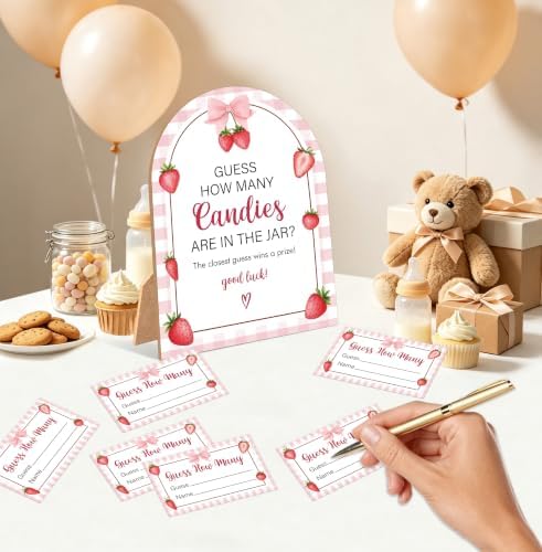 Sweet Berry Baby Shower Game, Strawberry Guess How Many Candies Are In The Jar, 6x8 Inch Arch Wooden Sign With Stand And 50 Guessing Cards, Gender Reveal Party Supplies & Decorations - JC11 - Image 3