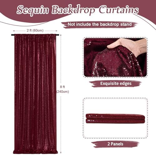 Burgundy Sequin Backdrop Curtains,2 Panels 2FTx8FT Burgundy Curtain Backdrop Glitter Party Decorations Background Drapes for Wedding Birthday Anniversary Graduation Photo Booth Decor - Image 4
